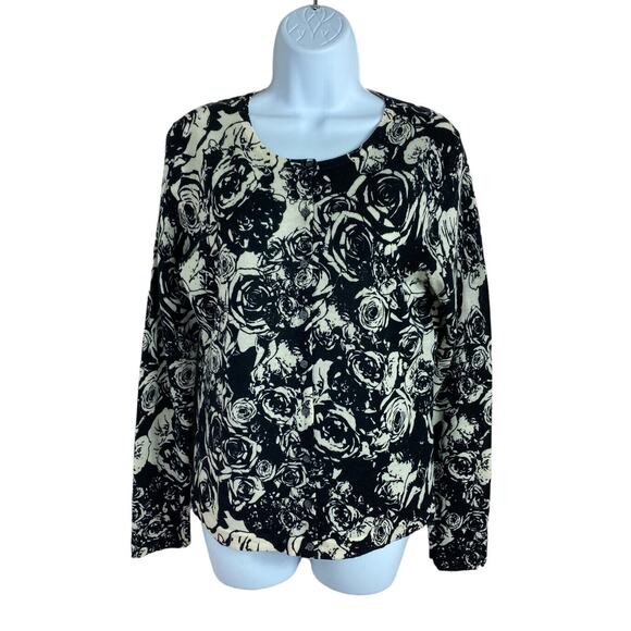 Lord & Taylor 100% Merino Wool Cardigan Sweater Women’s Medium Black White Rose - Picture 1 of 6